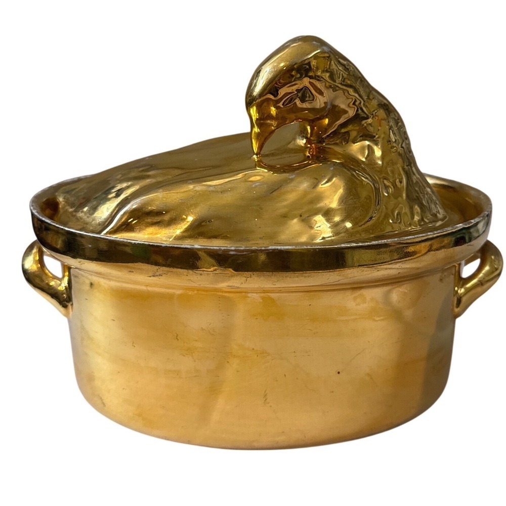 Vintage Hall China Golden Glo #100 Duck Hen Covered Casserole 22K Gold MCM